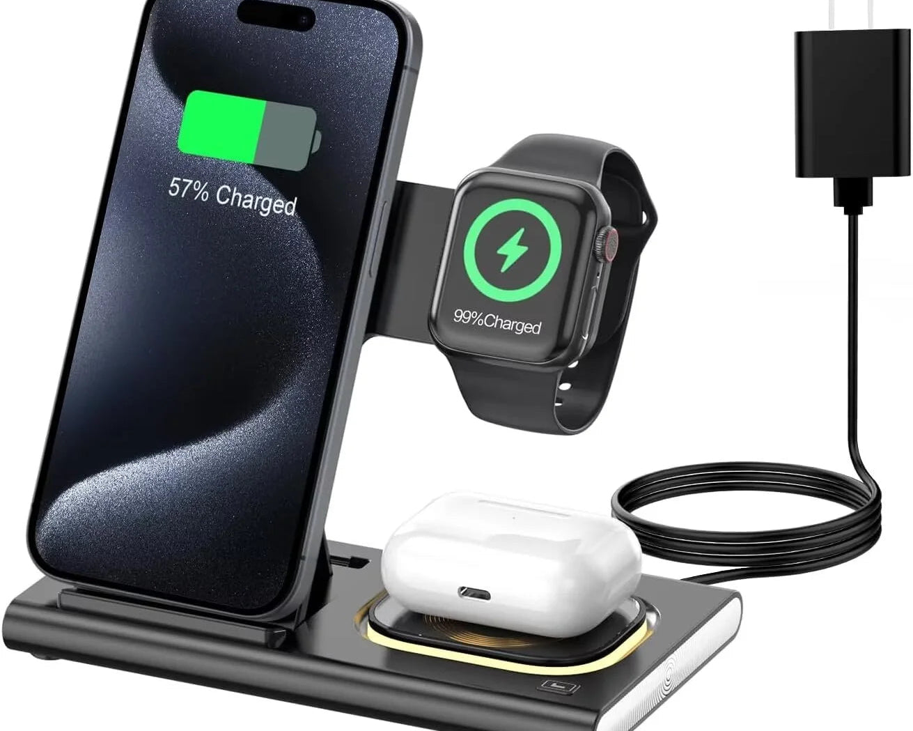 3 in 1 Foldable Charging Station Compatible with Apple Products,Fast Wireless Charger Travel Dock Adapter&Light for Iphone 15 14 13 12 11 Pro Max,Watch 9 8 7 6 5 4 3 2 Se and Airpods,Black
