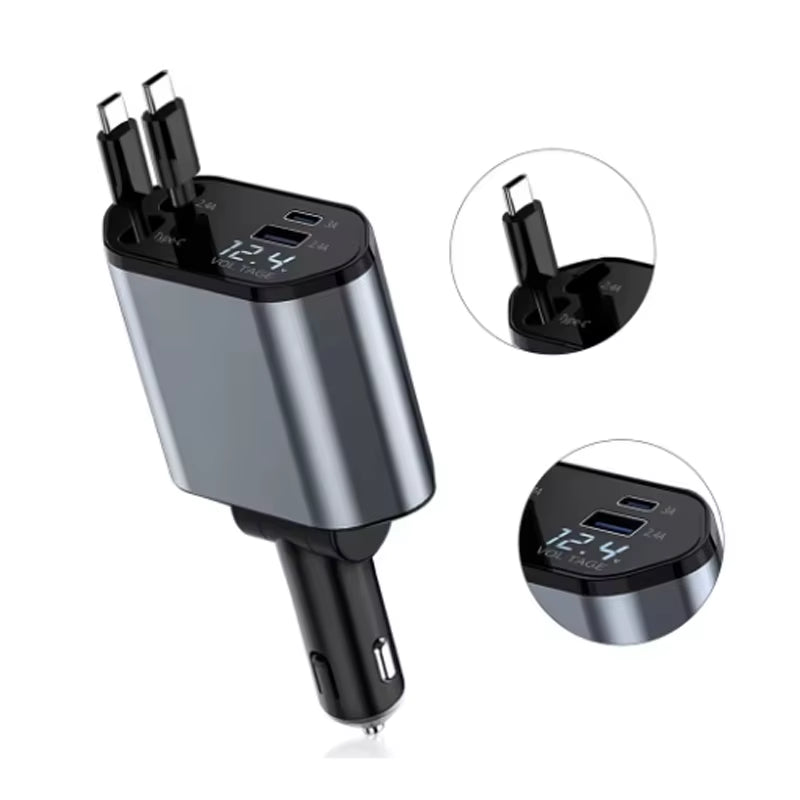 4 in 1 120W Car Charger Retractable Car Cigarette Lighter Adapter USB Type C Fast Charger Cable for Iphone Xiaomi Huawei Samsung