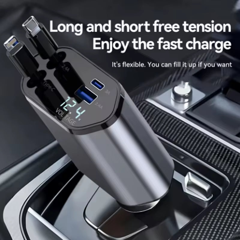 4 in 1 120W Car Charger Retractable Car Cigarette Lighter Adapter USB Type C Fast Charger Cable for Iphone Xiaomi Huawei Samsung